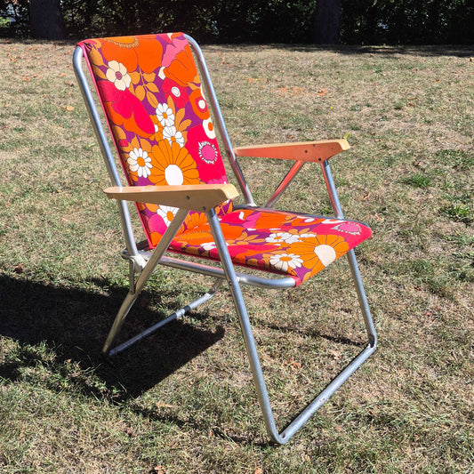 Chaise pliante decor floral rose orange vintage