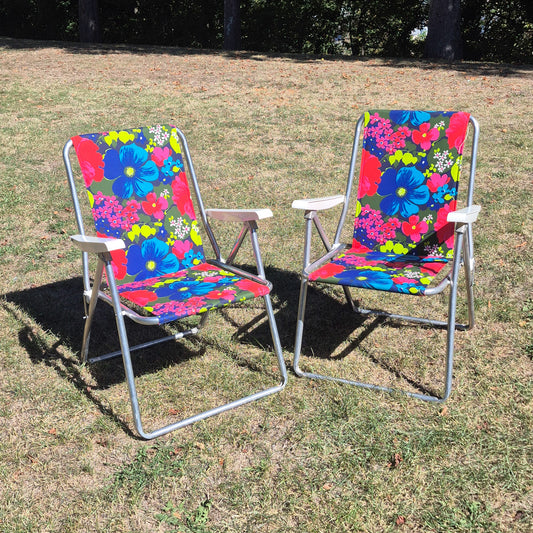 Chaise pliante decor floral bleu rose vintage - à l'unité