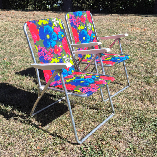 Chaise pliante decor floral bleu rose vintage - à l'unité